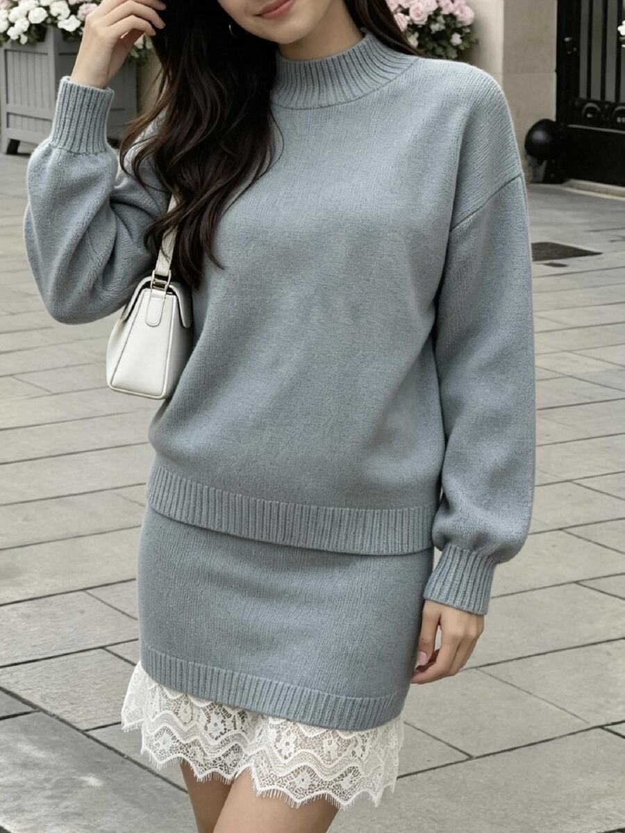 Cévolie Blue Pullover Long Sleeve Lace Skirt Sweater Set - Blue - View 1