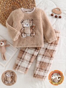 2pcs Men's Thick Comfortable Khaki Teddy Bear Patchwork Embroidery Long Sleeve Top & Plaid Long Pants Pajama Set - Khaki - View 5