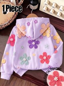 1 Pc Young Girls Fall Style Floral Print Zip-Up Sweatshirt, Casual Fall Clothes - Multicolor - View 2