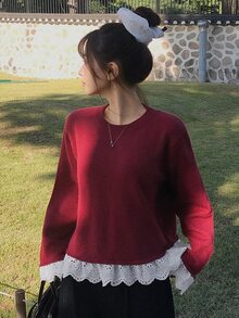 DAZY Patchwork Contrast Color Lace Trim Loose Long Sleeve Red Pullover Knit Sweater Casual Vacation Korean Style Daily Autumn/Winter Women's Sweater - Red - View 5