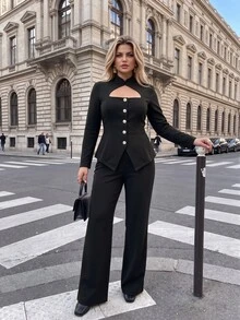 Vionelle Plus Size Knitted High Neck Triangle Collar Long Sleeve Cinched Waist A-Line Split Pants Straight Leg Casual Versatile Commute Office Suit Set - Black - View 7