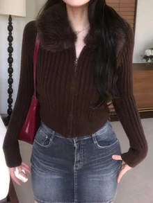 DAZY Women's Autumn/Winter Fur Collar Patchwork Open Front Short Sweater - Brown - View 3