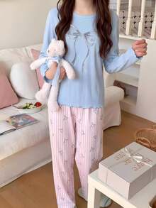 Girls' Light Blue Bow Print Long Sleeve Top And Full Bow Print Contrast Trim Long Pants Loungewear Set - Multicolor - View 1