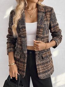 SHEIN Women's Fashion Tweed Plaid Buttonless Cardigan Jacket, Casual Blazer For Autumn/Winter, Suitable For Daily Commute, Outings, Workplace Wear - Brown - View 3