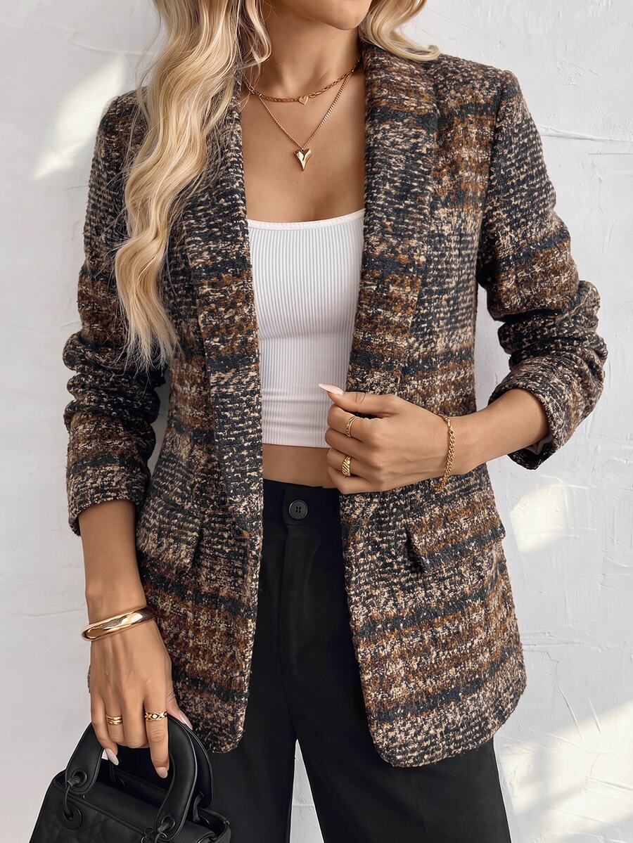 SHEIN Women's Fashion Tweed Plaid Buttonless Cardigan Jacket, Casual Blazer For Autumn/Winter, Suitable For Daily Commute, Outings, Workplace Wear - Brown - View 1
