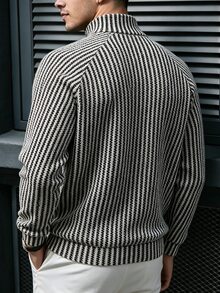 TONEVAULT Men's Striped Raglan Long Sleeve Zip Half-Placket Casual Sweatshirt - White - View 4