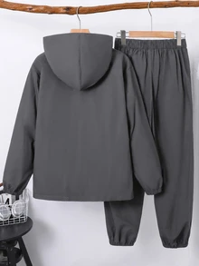 SHEIN 青少年男孩 2件組 休閒灰色半拉鍊連帽衛衣（附織標）搭配純色長褲 - 灰色 - 查看 3