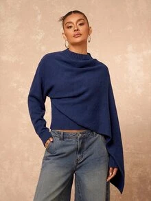 Lumalex 女款披肩式圓領收腰修身長袖針織衫 - 藏蓝色 - 查看 5