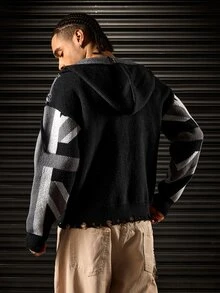 ROMWE MEN Men's Distressed Ripped Hem Sweater Cardigan - Grey - View 3