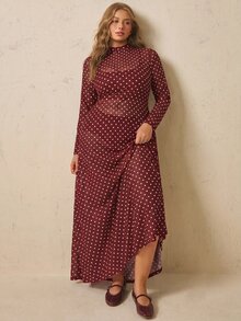 Freevana 大尺碼女款波點休閒日常夏季洋裝 - 酒紅色 - 查看 6