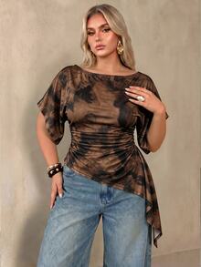 Auralis Plus Size Women's Tie-Dye Pleated Casual Versatile Daily T-Shirt - Multicolor - View 3