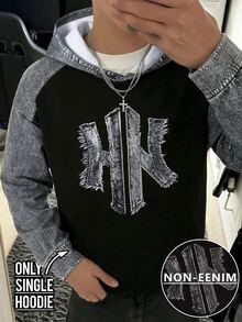 SHEIN Teen Boy Teen Boys Streetwear Denim Print Hooded Sweatshirt, Suitable For Autumn/Winter, School, Family Gatherings, Back To School, Sports, Play, Birthday Parties, Photos, Vacation, Holidays - Multicolor - View 3