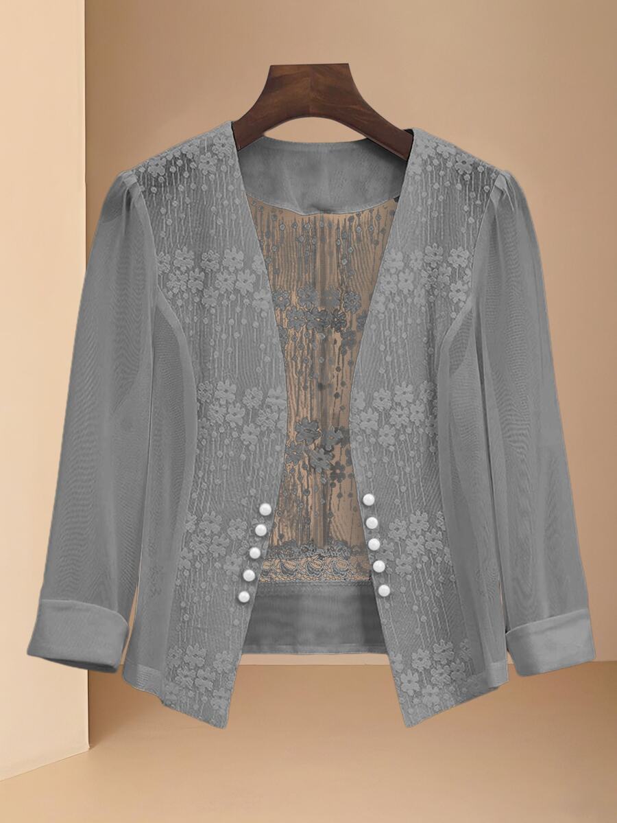 SHEIN 25 Summer New Lace Patchwork Lightweight Jacket For Women - Light Grey - View 1