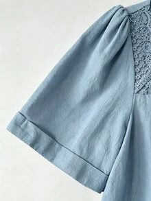 Balvessa 白色方領蕾絲飾邊拼接女款休閒襯衫 - 淺藍色 - 查看 3