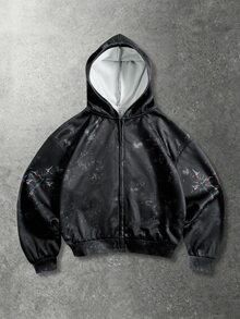 Kids Tween Boys Street Style Black And White Cross-Print Faux Wash Zip-Up Hoodie Suitable For The Fall Back-To-School Season - Black and White - View 2