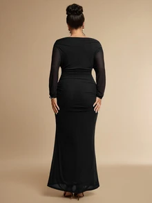 SHEIN BAE CURVE Plus Size Women's Multi-Color Ruffle Ruched Cup Spaghetti Strap Dress, Elegant Beach Vacation Dress - Black - View 8