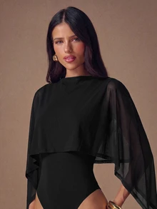SHEIN BAE CURVE جمبسوت نسائي مقاس كبير بلون سادة مثير متعدد الاستخدامات بياقة شال - الأسود - مشاهدة 3