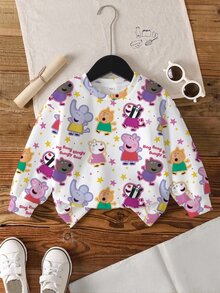 Peppa Pig X SHEIN سويت شيرت بولوفر للفتيات الصغيرات بطبعة كرتونية، كاجوال وعصرية، إبداعية وشخصية، منعشة ولطيفة - أبيض - مشاهدة 1