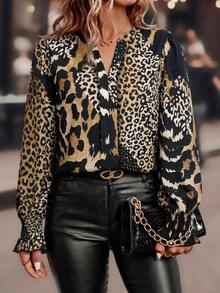 Linhara CURVE Plus Size Women's Leopard Print Notch V-Neck Long Sleeve Fashion Blouse - Brown - View 3