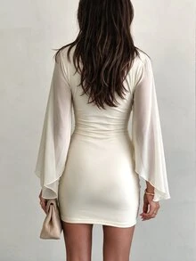 Allurite Fashion Sexy Apricot Deep V-Neck Asymmetrical Long Sleeve Ruched Waist Body-Hugging Mini Dress For Women, Suitable For Party, Evening Date, Daily Commute - Apricot - View 2
