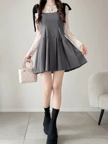 FRIFUL Women's Autumn Colorblock Spaghetti Strap Tie Bow Pleated Short Dress - Grey - View 8