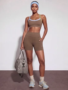 Zivah Bộ đồ tập gym nữ gồm áo ngực thể thao nâng đỡ cao và quần short túi, màu nâu xanh lá tương phản, đệm rời, định hình bụng, tập gym workout, mùa thu và quanh năm, chống lộ vùng nhạy cảm khi squat - Nhiều màu - Xem 2