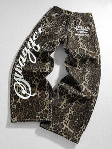 ROMWE MEN Street Life Fashionable Leopard Print Classic Color Casual Versatile Comfortable Men's Denim Jeans - Brown - View 1
