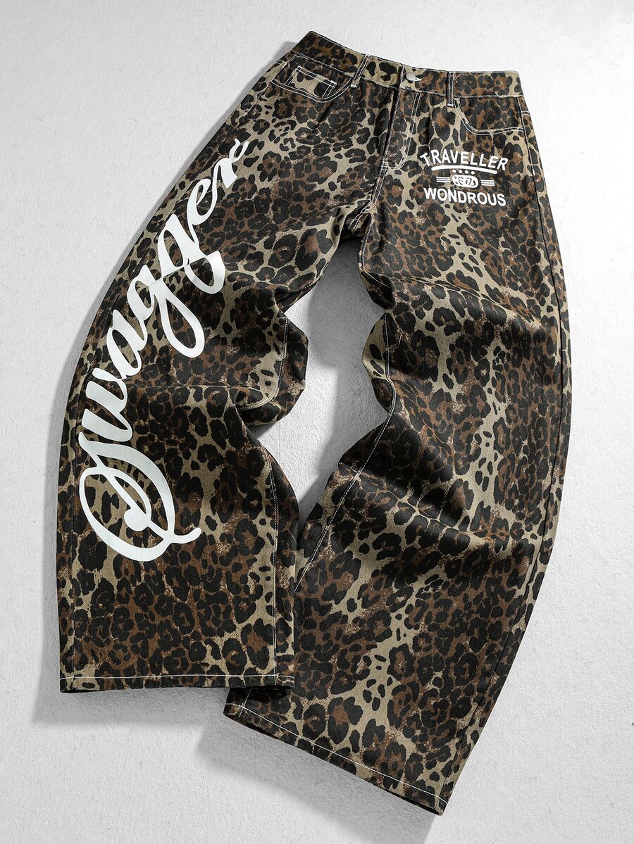 ROMWE MEN Street Life Fashionable Leopard Print Classic Color Casual Versatile Comfortable Men's Denim Jeans - Brown - View 1