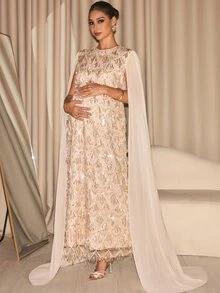 MaterniChic Maternity Luxury Elegant Sequin Dress For Evening Party - Apricot - View 5