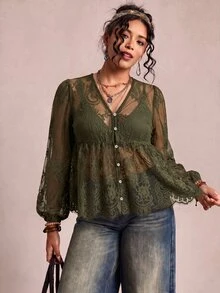 Freevana 女款蕾絲貝殼鈕扣透視襯衫，大尺碼寬鬆優雅休閒日常街頭外出通勤度假春夏女裝大尺碼襯衫 - 軍綠色 - 查看 8