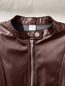 SHEIN Tween女孩秋冬棕色純色PU皮革短款休閒夾克，酷街頭風運動騎行拉鍊外套，黑色百搭開學外套 - 棕色 - 查看 6