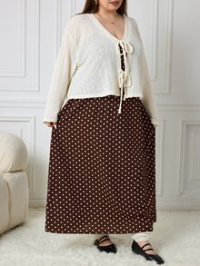 SHEIN CURVE+ Plus Size Women Solid Color Front Tie Long Sleeve Top And Polka Dot Pattern Dress Casual 2 Pieces Set - Multicolor - View 3