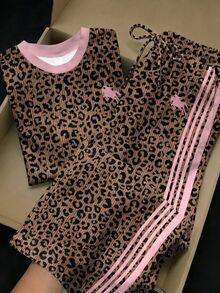 SHEIN EZwear Autumn/Winter New 2-Piece Set Leopard Print Contrast Color Striped Crew Neck Short Sleeve Top And Striped Print Pants, Casual - Multicolor - View 1