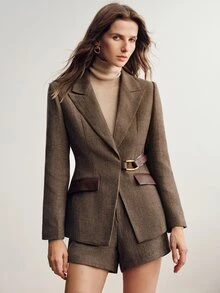 Briarwyn Women's Winter Solid Color Herringbone Patchwork PU Pocket Waist-Cinching Thickened Blazer Jacket - Coffee Brown - View 3