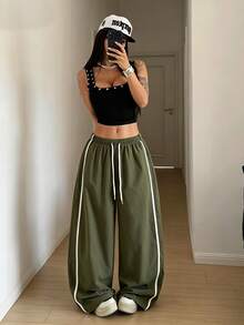 StreetHx Women's Drawstring Waist Casual Loose Sports Curved Leg Pants - Army Green - View 3