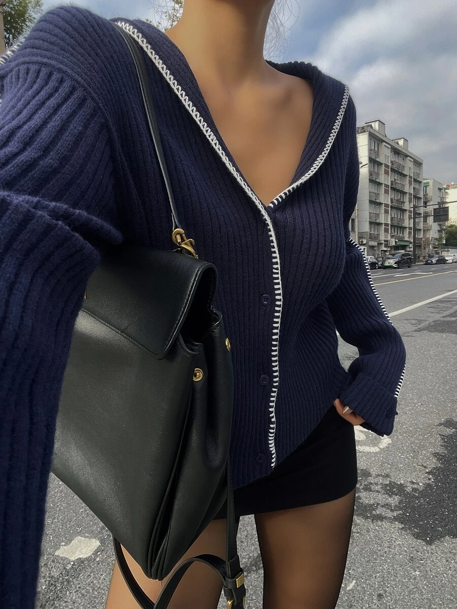 DAZY Women's Navy Blue V-Neck White Trim Button Ribbed Knit Loose Long Sleeve Cardigan Winter - Navy Blue - View 1