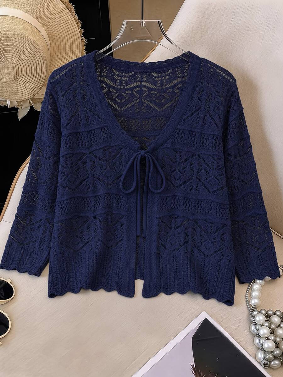 GlowEve CURVE Plus Size Elegant Hollow Out 3/4 Sleeve Round Neck Tie Bow Cardigan - Royal Blue - View 1