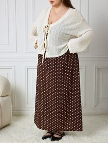 SHEIN CURVE+ Plus Size Women Solid Color Front Tie Long Sleeve Top And Polka Dot Pattern Dress Casual 2 Pieces Set - Multicolor - View 6