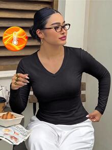 EMERY ROSE Plus Size Women V Neck Black Long Sleeve Fleece Thermal Shaping Tee Fit T-Shirt Fall/Winter Warmth - White - View 3