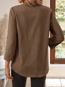EMERY ROSE Women's Spring All-Over Print Notch Collar 3/4 Sleeve Blouse Work Shirt - Coffee Brown - View 2