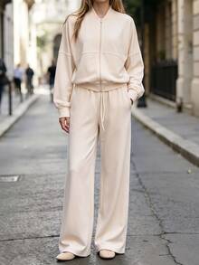 SHEIN Casual Baseball Collar Zip-Up Jacket & Drawstring Wide Leg Pants 2pcs Set For Women, Minimalist Solid Color Sporty Outfit - Apricot - View 5