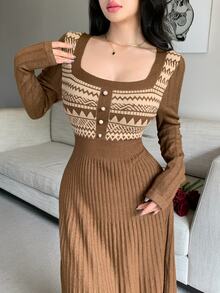 Feyla Women's Geometric Pattern Button Design Long Sleeve Elegant Knit Dress - Multicolor - View 3