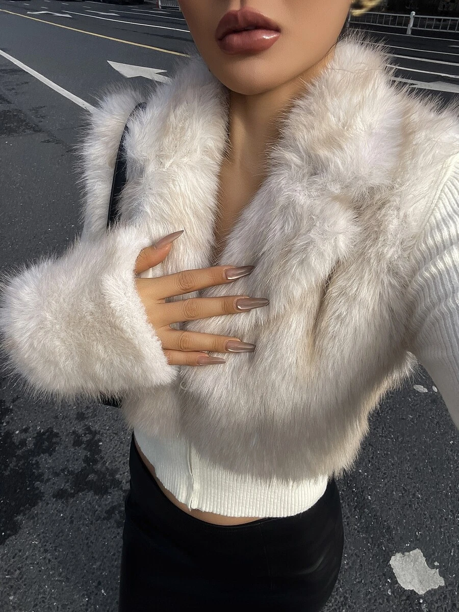 DAZY Beige Waist-Cinching Fabric Patchwork Faux Fur Long Sleeve Versatile Knit Cardigan - Apricot - View 1