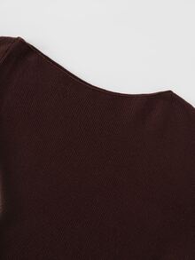LUMIGAL كنزة صوفية نسائية للخريف/الشتاء بلون موحد، كتف واحد، أكمام طويلة، حافة غير متماثلة، موضة - بني - مشاهدة 5