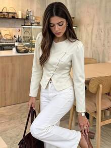 Serisse Áo khoác nữ thời trang thanh lịch tay dài cài cúc hình ếch cho kỳ nghỉ - trắng - Xem 2