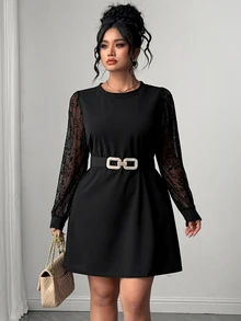 SHEIN Elenzya Black Wide Sleeve Embroidered Design Plus Size Dress - Black - View 2