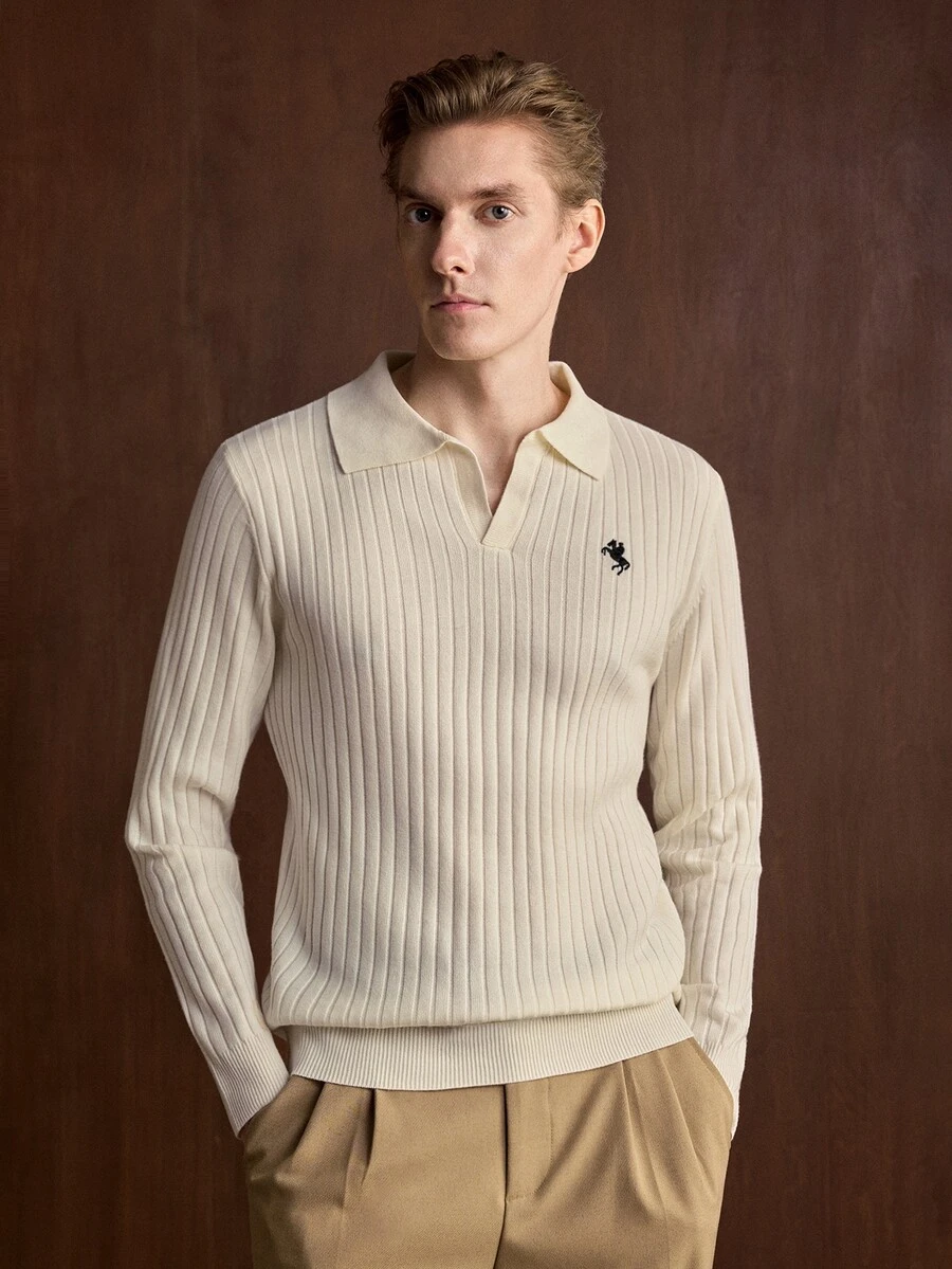 Manfinity CityGents Men's Solid Color Ribbed Polo Collar Sweater With Pony Logo, Minimalist Classic Everyday - White - View 1
