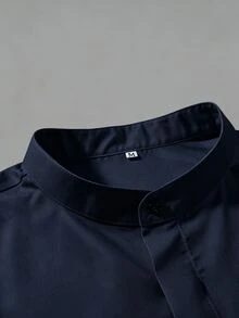 Manfinity Mode Men's Solid Color Stand Collar Hidden Button Design Business Casual Long Sleeve Shirt - Navy Blue - View 3