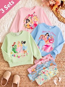 SHEIN 幼女公主卡通花卉運動衫與寬腿褲套裝，粉藍綠色 (3套) 秋冬款 - 彩色 - 查看 3