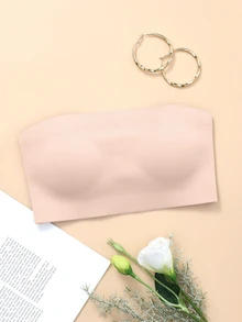 SHEIN 女款純色無鋼圈無肩帶舒適抹胸內衣 - 淺粉色 - 查看 4